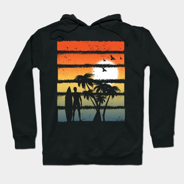 Summer Sunset Graphic Icon Surfer Ocean Palm Hoodie by YouthfulGeezer